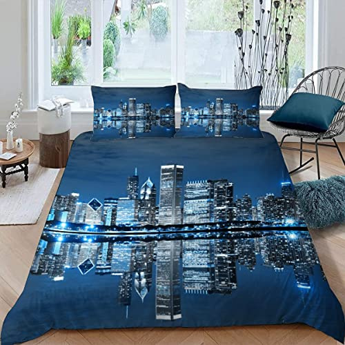 JIARAO Bettwäsche 135×200 3D-Digitaldruck 3-teilig Chicago-Nacht Bettwäsche-Sets Kinder Mikrofaser mit Reißverschluss Graue Stadt Soft Jungen Mädchen Bettwaren Bettbezug mit 2 Kissenbezug 80x80 cm