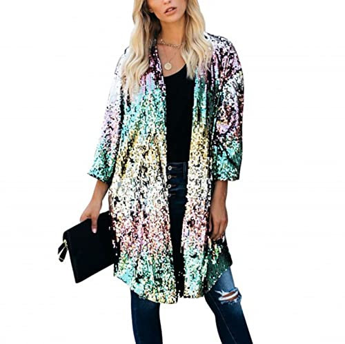 babao Cardigan con Paillettes da Donna Lungo Cover Up Glitter Sparkle Cappotto Aperto sul Davanti Abiti Spolverino per Giacca da Sera con Maniche a 3/4 Luccicanti