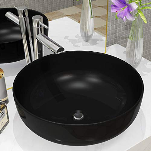 WIFESE Lavandino Tondo in Ceramica Nero Lavatoio Ceramica Lavandino Bagno Da Appoggio Lavabo Bagno Lavabo Lavanderia Lavabo Da Esterno Lavabo Bagno Da Appoggio Lavabo Da Appoggio 41,5x41,5x13,5 cm