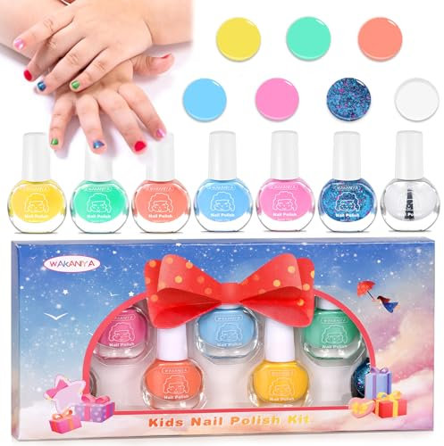 Nail Polish Set for Kids, 7 Candy Colors Water-Based Non-Toxic Toddlers Nail Polish Kit with Base Top Coat, Quick Dry Peel-Off Pink Children Nail Varnish Girls Gifts