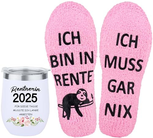 Rebundex Renteneintritt Geschenk Frau Ruhestand Geschenk Abschiedsgeschenk Kollegen Rente Geschenke Rentenbeginn Rentner Geschenk Rentnerin für Frauen 350ml To Go Thermobecher Kuschelsocken