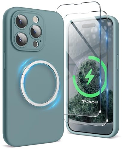 SURPHY Magnetic Case for iPhone 15 Pro Max Case with Screen Protector, Liquid Silicone Anti-Scratch Compatible with MagSafe Gel Rubber Phone Case for iPhone 15 Pro Max 6.7 inch, Cactus Green