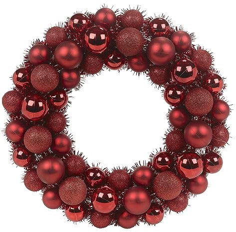 Christmas Wreath Artificial Door Wreath Ornament Decoration for Fireplace Garden Shop Window Doorway Hanging Mantel Wall Ornament with Colourful Xmas Baubles (Red)