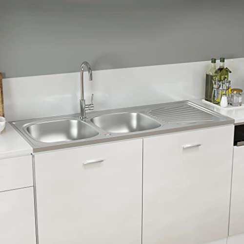 Juego de muebles - Fregadero de cocina con doble fregadero, color plateado, 1200 x 600 x 155 mm, acero inoxidable