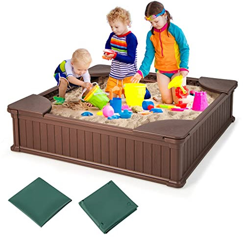 COSTWAY Kids Sandbox, 123 x 123cm Sandpit with Cover, Bottom Liner, 4 Corner Seats, Weather Resistant Outdoor Sand Play Station for Backyard Garden Beach (Brown)