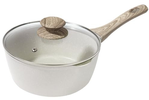 Rainberg Saucepan with Lid, Nonstick Milk Pan Suitable with Induction, Gas and Electric Hobs, Cooking Pot with Pour Spout. (Beige, 16cm)