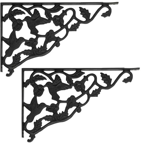 Woodside Heavy Duty Black Cast Iron Decorative Wall Mounted Shelf Support Brackets, Pack of 2