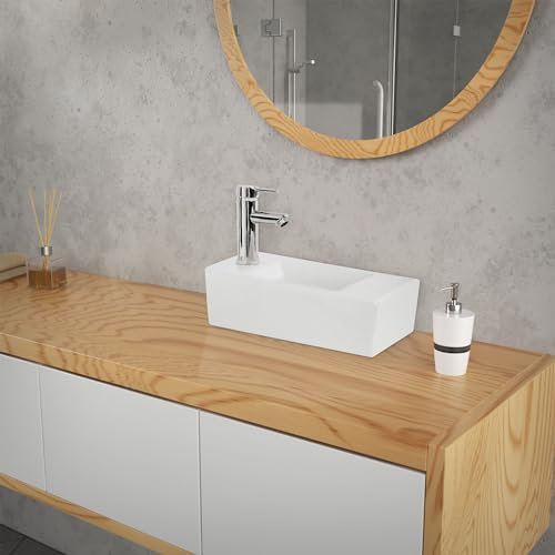 ML-Design Waschbecken aus Keramik in Weiß 40x18,5x10 cm, Eckig, klein, Hahnloch links, Wandmontage oder Aufsatzwaschbecken, Moderne Waschtisch Waschschale Waschplatz Handwaschbecken, für Badezimmer