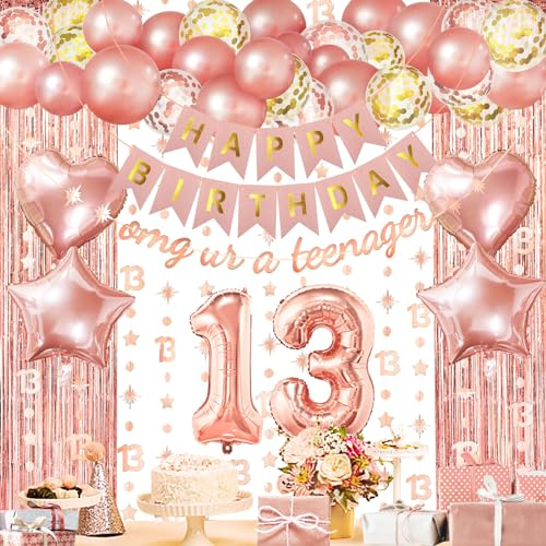 ZERODECO Roségold Geburtstag Party Dekorationen 13th, Omg Ur a Teenager Happy Birthday Banner Vorhang 13 Girlande Folie Konfetti Ballons für Frauen Mädchen Königin Prinzessin Geburtstag Party