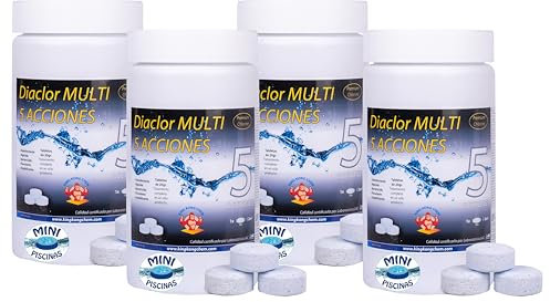 Pack 4 Uds - Cloro Diaclor 5 acciones Especial Mini Piscinas 1 kg (Pastillas 20 gr - 3 cm Diametro) - SIN Cobre - DIASA