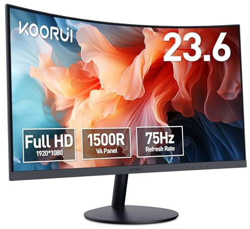 KOORUI Monitor Curvo - 23,6 Pulgadas Full HD (1920 x 1080, 75 Hz, VA, 5 ms, Curvatura 1500R, HDMI, VGA, Antirreflejo, Eye Ease, Inclinación Ajustables) Negro, 24N5CA