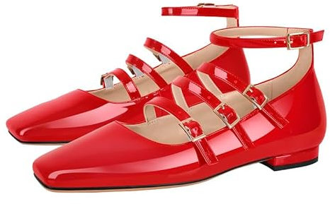 blingqueen Damen Klassische Ballerinas mit Schnallen Frauen Flats Mary Jane Strap Flache Schuhe Lolita Lack Rot 41 EU
