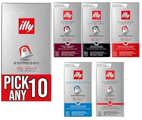 Illy Espresso Ground Coffee Nespresso Compatible Coffee Capsules. Pick Any 10 Packs from: Decaf, Intenso, Classico, Forte, Lungo. (Each Pack 10 Pods, Total 100 Pods)