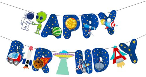 Weltraum Geburtstag Banner für Jungen Mädchen Kinder, Weltraum Astronauten Raketen UFO Satelliten Happy Birthday Wimpelkette Girlande Banner für Weltraum Thema Geburtstag Party Hängende