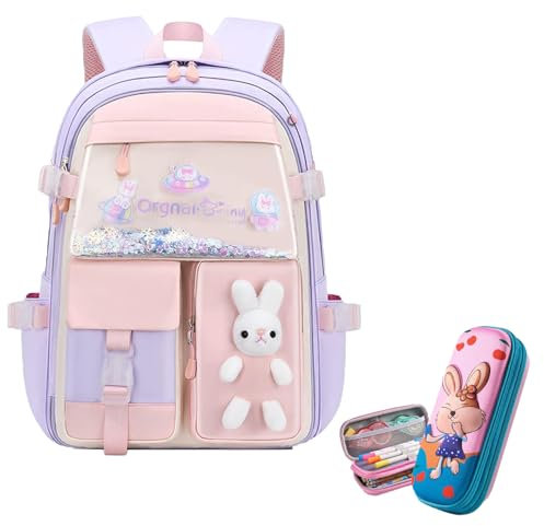Bunny Backpack, Kawaii Bunny Backpack for Girls, Bunny Backpack for Girls, Bad Bunny Backpack, Large-Capacity Preschool Elementary School Rucksack Set (Purple,Small)