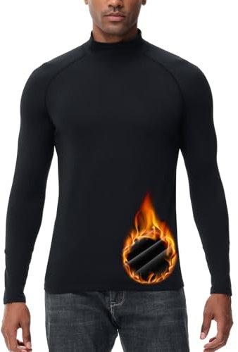 HUGE SPORTS Biancheria intima termica da uomo, a collo alto, a maniche lunghe, termica, foderata, in pile, biancheria intima termica, Nero , L