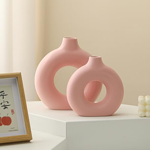 Vase Set of 2 Weiße Blumenvasen aus Keramik für Wohnungsdeko Trockenblumen Vasen für Tischdecko mit Pampasgras, Zimmer Deko für Geschenk (Rosa)