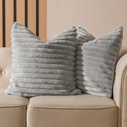 OHS Faux Fur Grey Cushions Ribbed, Decorative Throw Pillows for Sofa Cushions Living Room Scatter Cushions Covers Smooth Soft Comfy Home Decor, Pack of 2 - Grey