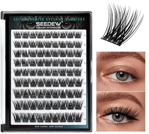 SEEDEW Faux Cils Individuel, DIY 81 Pièces Extensions de Cils à la Maison, Pas Besoin de Colle, Adapté Débutants, Doux Cils Auto-Adhésifs pour Quotidien Rencontres Fêtes(Volume-MIX10-16mm-Noir)