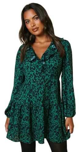 Dorothy Perkins Women's V-Neck Long Sleeve Occasionwear Party Wedding Guest Green Animal Pattern Tiered Hem Frill Wrap Mini Dress, V-Neck, Spring