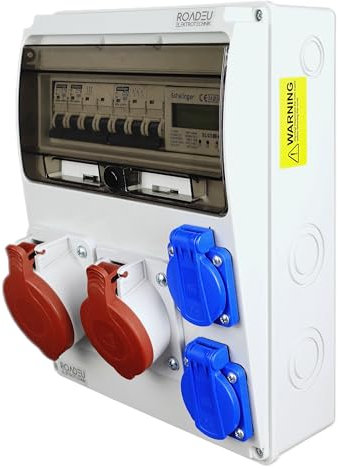 RoadEu - Coffret de Chantier - Prise CEE 16A et 32A avec 2 prises 230 V. Distributeur de courant avec compteur et disjoncteur. Tableau électrique avec indicateur de consommation d'énergie