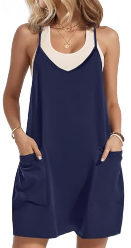 Zeagoo Spaghetti Vestito Donna Estivo Corto Scollo a V Abiti Eleganti Tinta Unita Vestiti Senza Maniche Comodo Abito con Tasche Blu Navy L