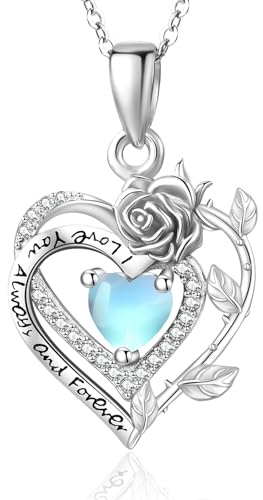 Zeuslia Moonstone Necklaces for Women Sterling Silver Rose Necklace I Love You Heart Pendant Womens Jewellery Gifts for Mom Mother Grandma