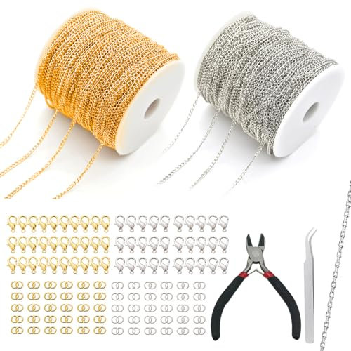 2 Roll Gold Silver Chain for Jewellery Making, 33 Feet 2.4mm DIY Craft Bracelet Necklace Making Chains with 60 Lobster Clasps and 120 Jump Rings, Small Pliers Tweezers