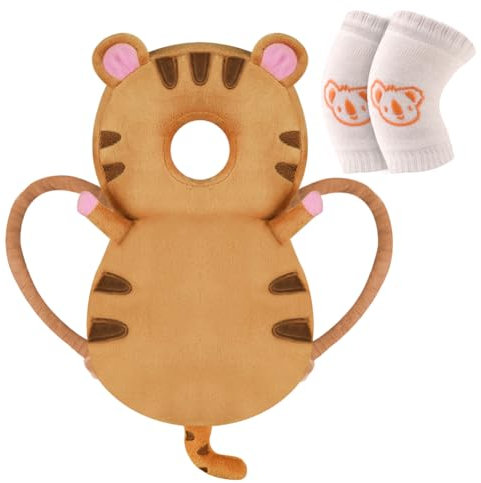 Vicloon Baby Kopfschutz, Verstellbare Schutzkissen Baby, Atmungsaktive Baby Head Schutzpolster für Kinder 4-24 Monate, Einstellbare Säugling Kissen Rucksack mit Knieschützer (Brauner Tiger)