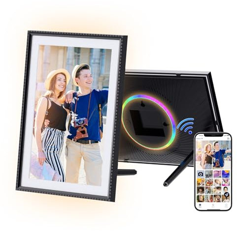 HDeye Digitaler Fotorahmen 10.1 Zoll WiFi, HD 1280x800 IPS Touchscreen Elektronischer FotoRahmen mit 32GB Speicher, Auto Drehung, Einfache Übertragung von Fotos Videos über Aimor App, RGB-Lichtmodus