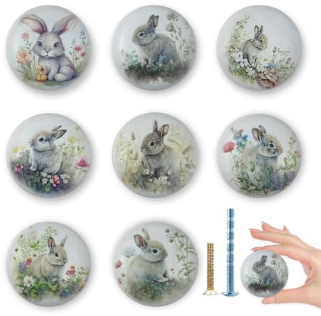 Lasyman 8Pack1.5 Rabbit with Flowers Ceramics Handle Knob Cute Safari Animal Decor Cabinet Dresser Drawer Knobs and Pulls