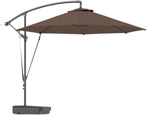 Outsunny 3(m) Garden Cantilever Parasol with Fillable Base up to 90kg, Wind Protection Strap, Cover, Round Banana Hanging Umbrella with Crank Handle and Tilt, UPF50+ Patio Umbrella, Brown