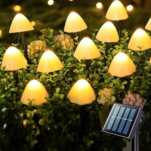 LED Mushroom Solar Lights - 5M 20 Led Solar Mushroom Garden Lights, Outdoor Waterproof Ornaments Light String for Pathway Fence Lawn Backyard Garden Decorations (Warm White) [Energy Class A+++]