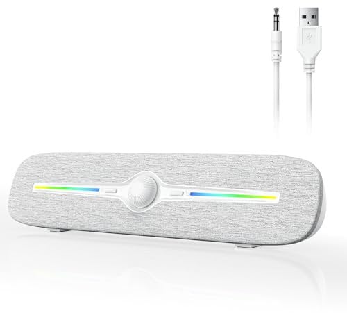 SOULION R90 PC Speaker, Small USB Operated Computer Boxes with Colourful LED Lights, 3.5 mm AUX Surround Sound Computer Soundbar for Desktop Smartphones Laptop (White)
