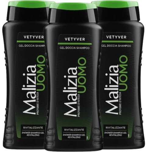 Malizia Uomo Profumo d’Intesa Vetyver Gel Doccia Shampoo 2 in 1 con Aloe Vera 250 ml – Rivitalizzante, Energizzante, Detergente Corpo e Capelli – Per Uso Quotidiano (3 Unità)