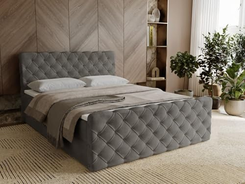 GRAINGOLD Lunaris Bett 180x200, Boxspringbett mit Bettkasten, Polsterbett mit Bonell-Matratze, Samt Stoff, mit Topper, mit Kopftei (Dunkelgrau, 180x200)