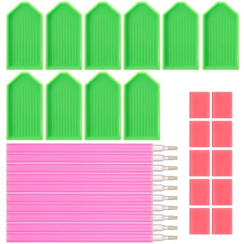 Ymapinc 30Pcs Diamond Art Pens Tools with 10 Drill Pen, 10 Tray & Glue Clay | Diamond Art Accessories Pens for Adults DIY Crafts Gem Painting Tool Kit (Red, Pink, Green)
