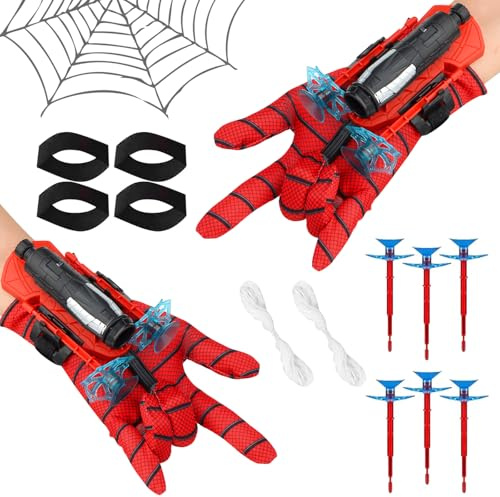 Sdjuifsd 18 Stück Spiderm Launcher, Spider Werfer Kinder, Rote Spider Handschuhe, Cosplay Glove Launcher, Handgelenk Spielzeug Set, Saugnapf Darts, Seil, Maskerade, Rollenspiel Party, Kinder Geschenk
