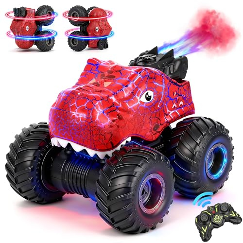 Ferngesteuertes Auto ab 3 Jahre Dinosaurier, 2,4GHz 20 km/h RC Monstertruck, Ferngesteuerter Monster Truck mit Sprühen, Licht & Klänge, 360°Drehung, Dinosaurier Spielzeug ab 3 4 5 6 Jahre Jungen