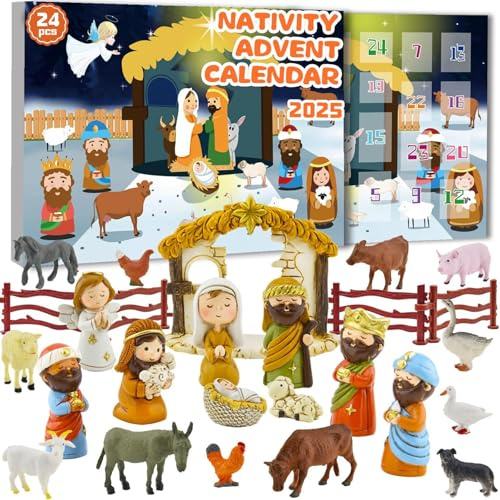 Adventskalender 2025 Weihnachtskrippe - 24 Figuren Set für Kinder, Christlicher Wehnachtskalender zum Spielen, Religiöses für Jungen und Mädchen