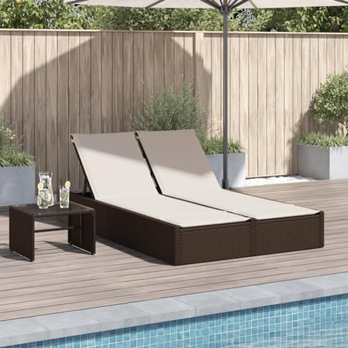 HEFZGDB Doppel-Sonnenliege mit Auflagen Braun Poly Rattan, PE-Rattan Gartenmöbel mit 3-Fach Verstellbarer Rückenlehne, waschbare Bezüge, pulverbeschichteter Stahlrahmen,
