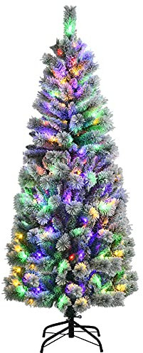 COSTWAY 6ft Pre-lit Artificial Christmas Tree, Hinged Snow Flocked Xmas Tree with 200 LED Lights, 9 Lighting Modes, Foldable Metal Stand, Holiday Decoration for Home Office Shop