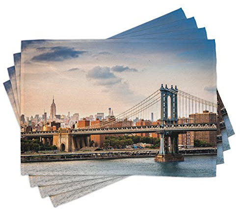 ABAKUHAUS New York Platzmatten, Manhattan-Brücke in New York City, Waschbare Stoff Esszimmer Küche Tischdekorations Digitaldruck, Grau Blau