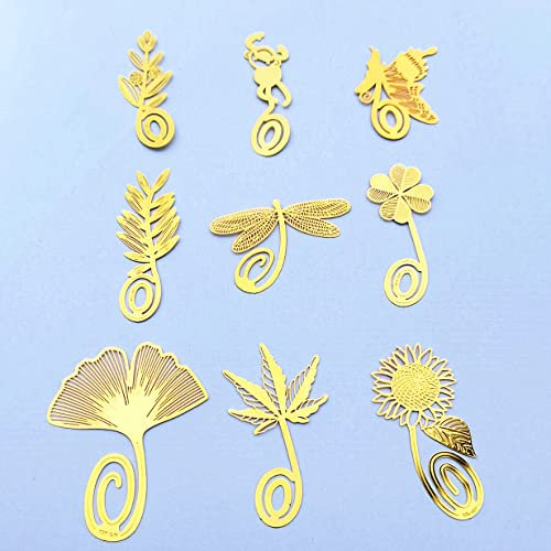 9er-Set ultrafeine Metall-Lesezeichen - Kleeblatt, Ginkgo Biloba, Libelle, Schmetterling, Sonnenblume, Olivenzweig, Affe, Feder, Maserung