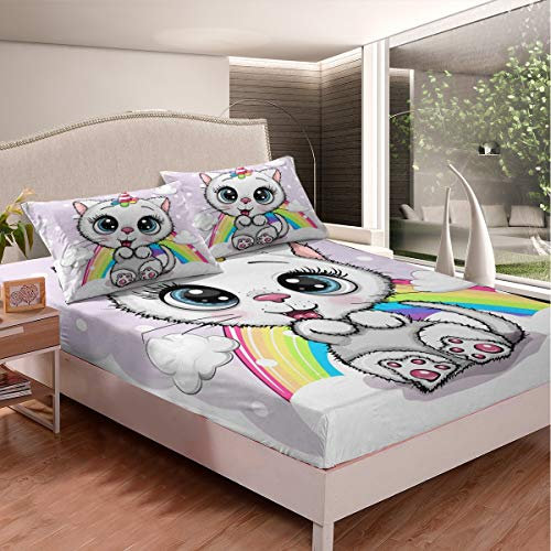 Einhorn Drucken Bettlaken Set Süße Karikatur Katze KLitten Spannbetttuch für Kinder Buntes Regenbogen Design Spannbettlaken 90x200cm Weiß Tupfen rutschfeste Zimmer 2St