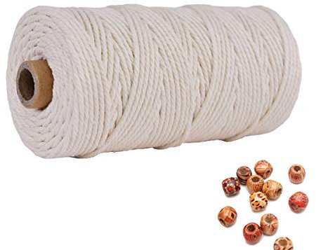 Makramee-Kordel 3 mm 109 Meter beige 1 Packung, natürliches Baumwollseil für farbige Makramee-Stricken, 4 Stränge, gedrehtes Baumwollseil, handgefertigter farbiger Wandbehang, Webteppich
