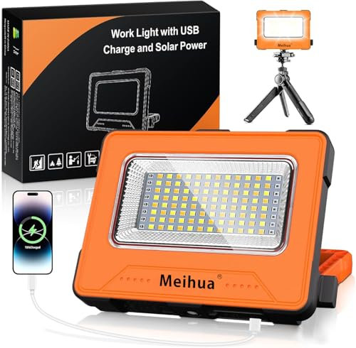 MEIHUA 60W LED Arbeitsleuchte 12000mAh LED Baustrahler Akku Wasserdicht Tragbare Wiederaufladbare Campinglampe 4 Lichtmodi USB oder Solar Aufladung Lampe für Baustelle, Werkstatt, Camping, Notfall