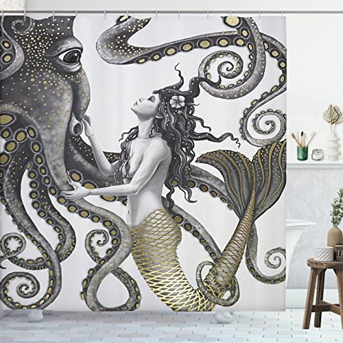 GOOESING Mermaid and Octopus Shower Curtain, Abstract Ocean Nautical Fantasy Animals Decorative Bathroom Fabric Waterproof Polyester Shower Curtain, Artistic Boho Farmhouse Mystic Shower Curtains