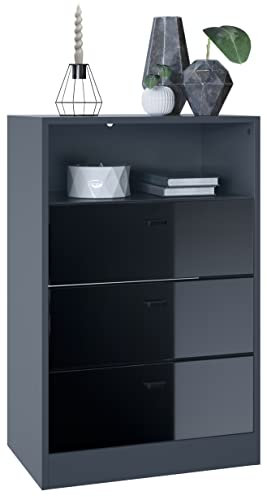 Vladon Kommode Pino V2, Made in Germany, Anrichte mit 3 Schubladen & 1 offenem Fach, Anthrazit matt/Schwarz Hochglanz ohne LED (56 x 86,5 x 36 cm)