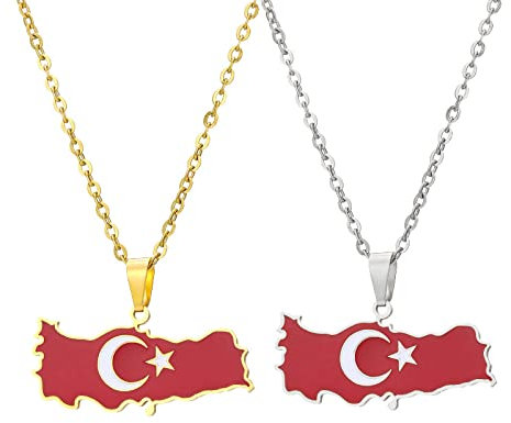 YUANYIRAN Türkei Karte Flagge Anhänger Halskette – Tropföl Karte Geometrischen Ethno-Stil Unisex Paar Schlüsselbeinkette Patriotische Flagge Hip Hop Charm Schmuck Für Modegeschenk,Silber,50Cm/19